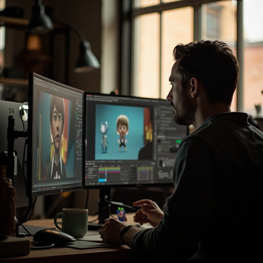 Senior animator at a dual-monitor workstation inside the Brooklyn studio.