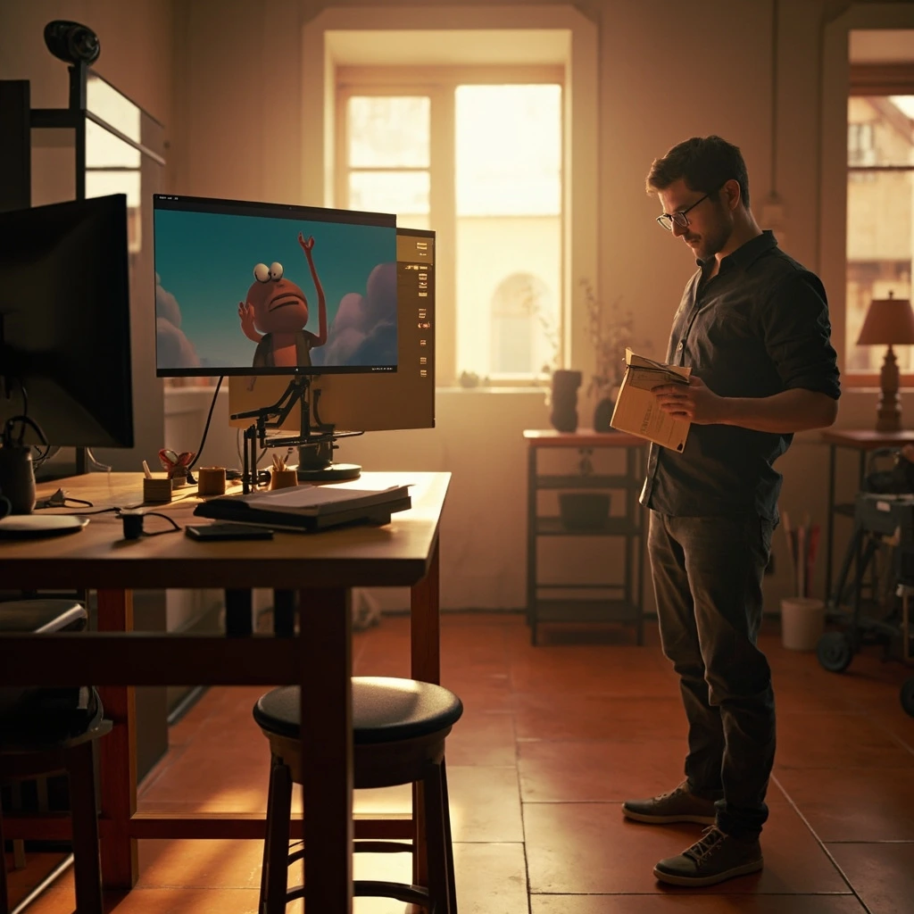 Creative director reviewing an animatic with a client at the Lisbon studio.
