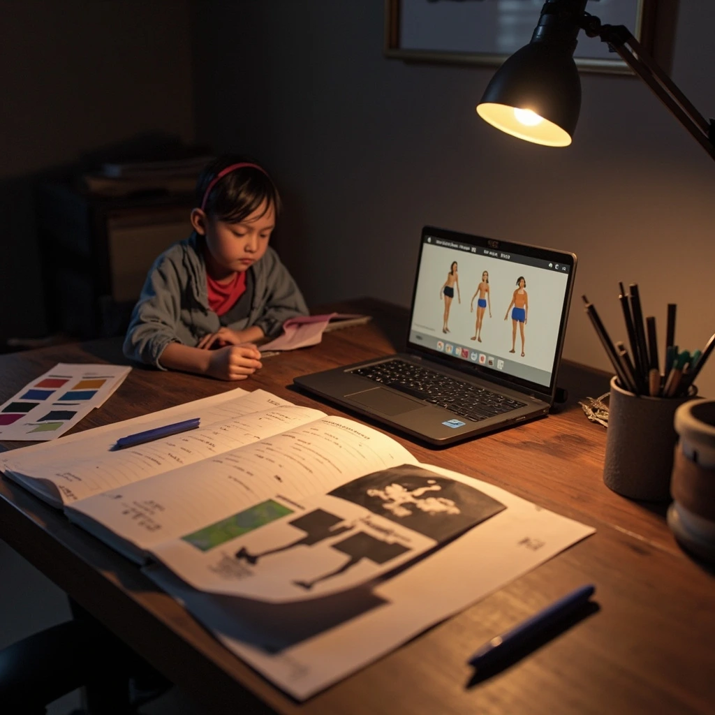 A rigger's desk with reference prints, swatches, and a Wacom tablet.