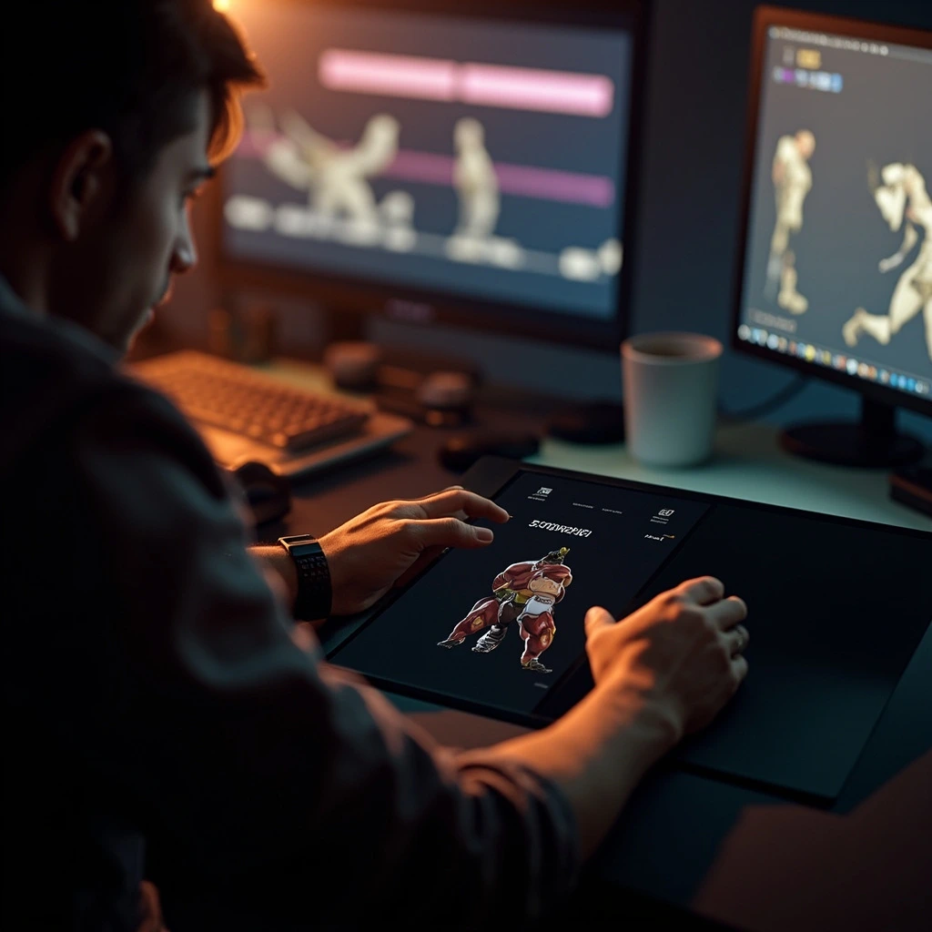 Close-up of a senior animator adjusting a rig on a Cintiq tablet.
